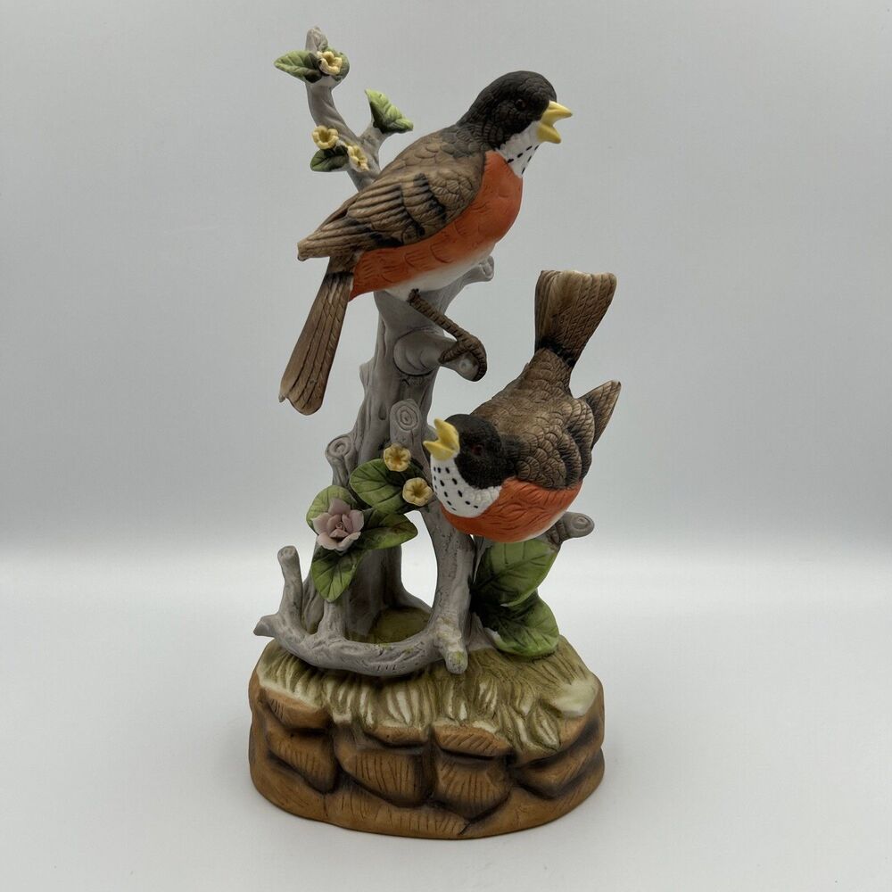 A Royal Crown Arnart Bisque Porcelain Robin Bird Music Box Cottage Core Decor